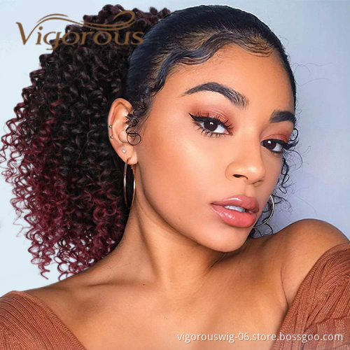 Vigorous Best Selling Ombre Burgundy Dark Root Kinky Curly Heat Resistant Fiber Drawstring Synthetic Ponytail Hair Extension